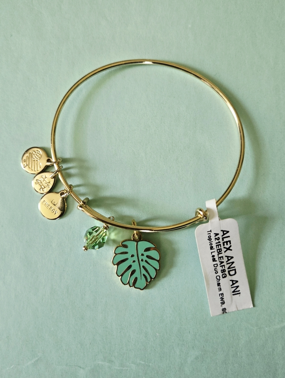 Alex and Ani Gold Expandable Bangle with Green Monstera Charm